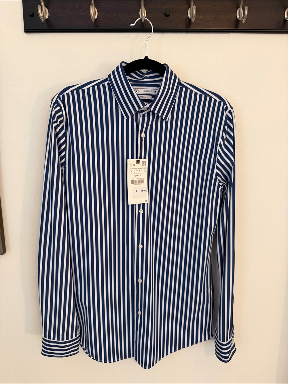 Zara Navy & White Stripe Button-Up Shirt (Comfort Stretch Wrinkle Free Fabric)